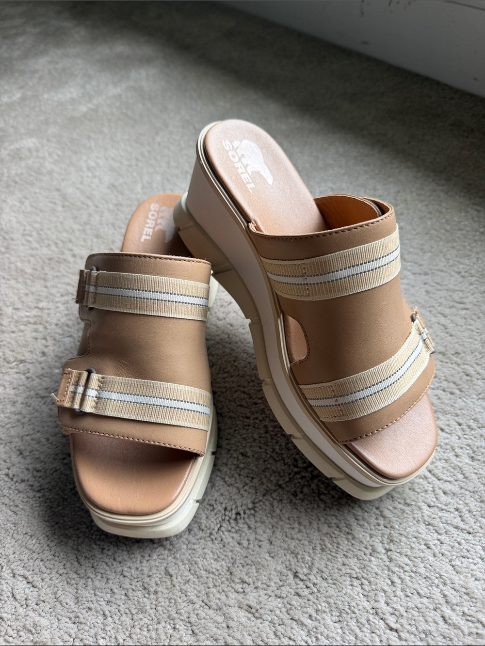 Sorel Tan and Cream Platform Slide Mules- Size 8